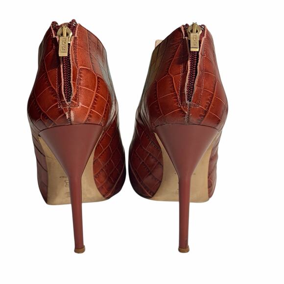 Escada Croc Embossed Leather Ankle Booties Rust Brown Italy Back Zip EU 40 - Picture 3 of 14